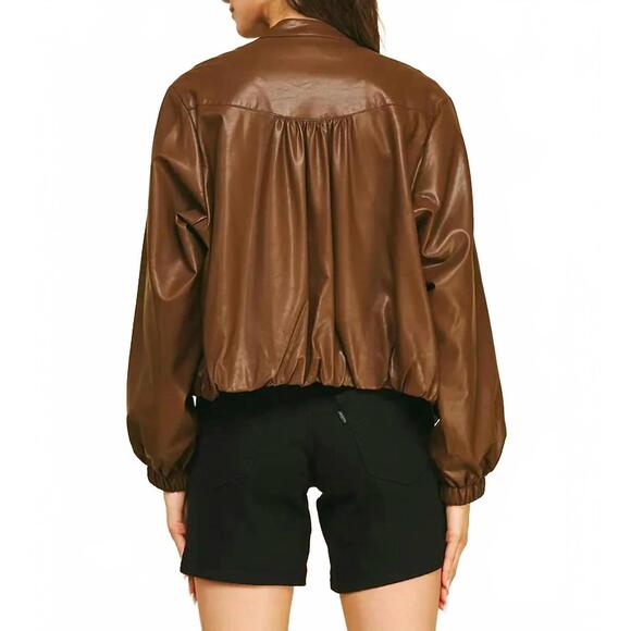 NEW PINCH faux vegan leather bomber jacket in brown - Picture 2 of 3